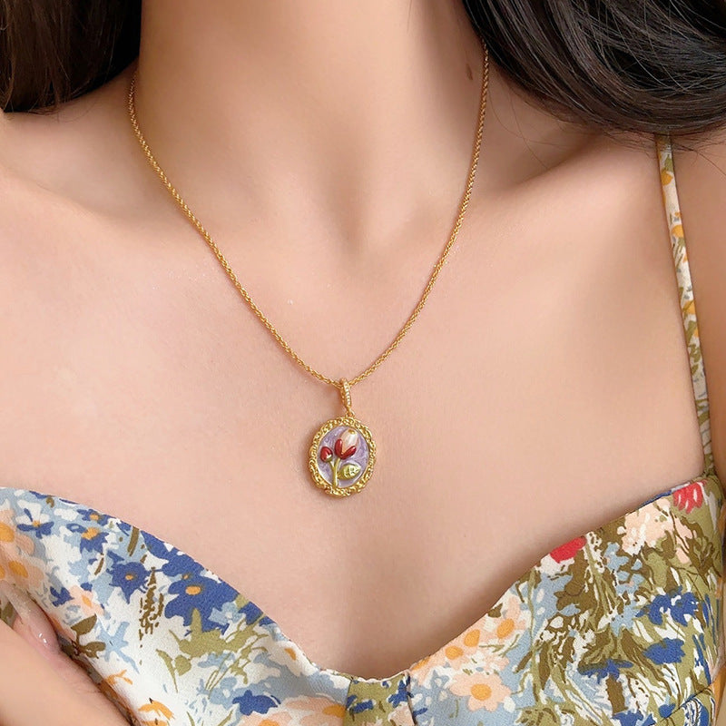 Vintage Oil Painting Style Rose Flower Necklace